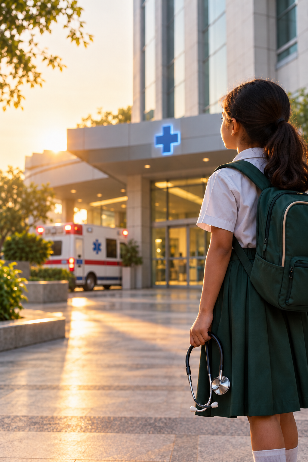 A schoolchild holding a stethoscope outside a hospital, with an ambulance in the background, imagining a future in medicine.